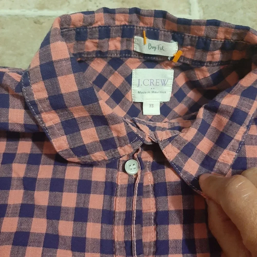 J. Crew Pink Navy Blue Gingham Checker Quarter Button Up Long Sleeve Shirt XS